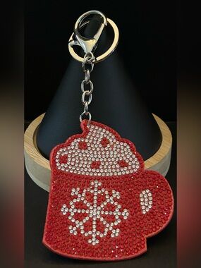 Red & White Crystal Bag Charm Keychain with Sparkling Hot Cocoa Mug Motif